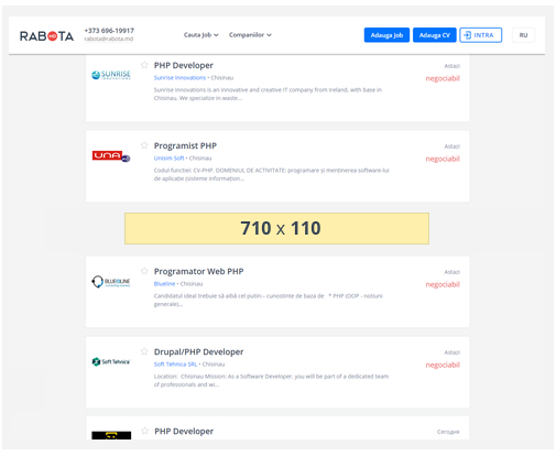 Bannerul amplasat printre ofertele de angajare în lista cu rezultatele căutarii rabota.md